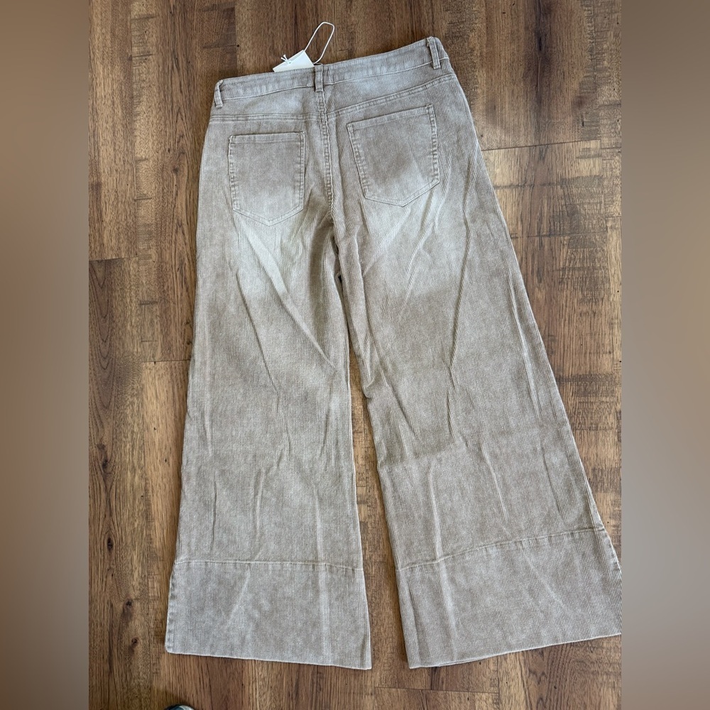 SO ME Women’s Beige Corduroy Wide-Leg Pants High Rise Pockets Button Zip L - Picture 7 of 10